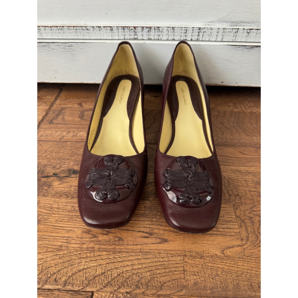 Tory Burch Woven Double T Pump 45mm‎ Plum Leather Logo Women's Size 9